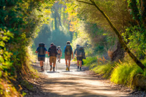 Grupo de peregrinos con mochilas caminando por un sendero arbolado del Camino de Santiago, rodeado de vegetación y atravesado por los rayos del sol.