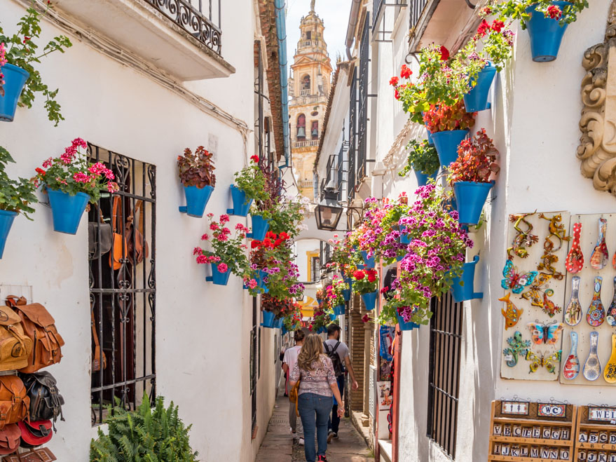 Callejón de Córdoba con fachadas blancas decoradas con numerosas macetas azules llenas de flores de colores y la torre de una iglesia al fondo.