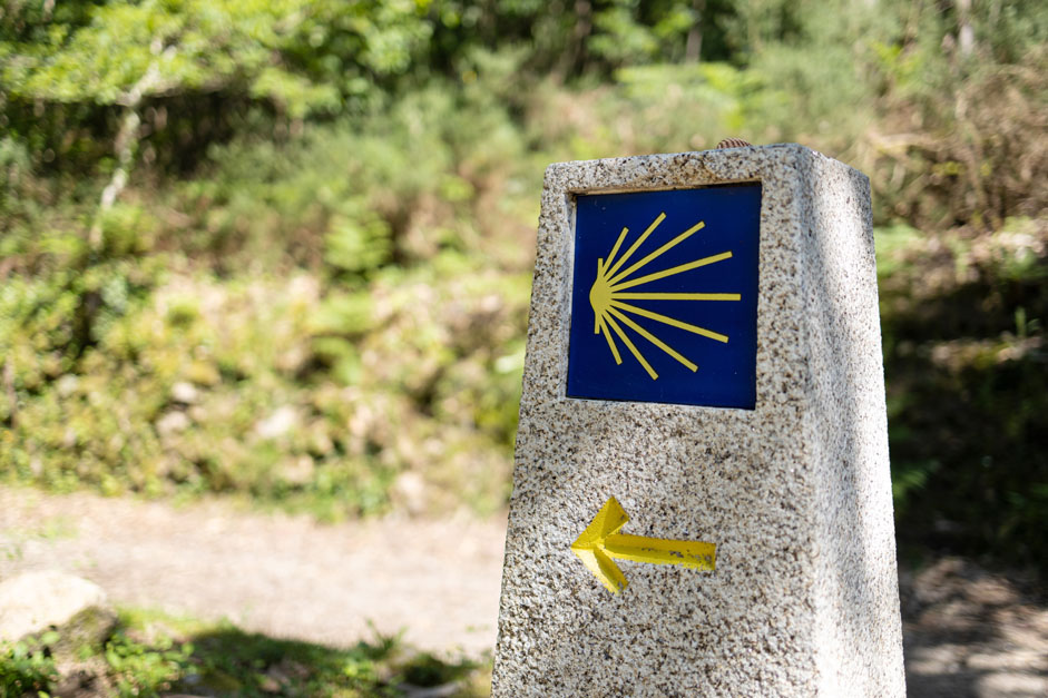 Mojón de piedra del Camino de Santiago, con la característica concha amarilla sobre fondo azul y una flecha amarilla que indica la dirección del recorrido, en un entorno boscoso.